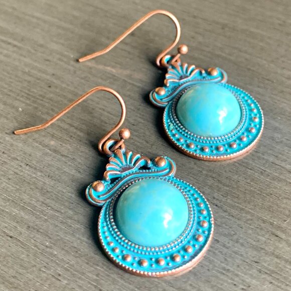 1 1/4" Ornate Southwestern Boho Burnished Gold Turquoise Bead Dangle Earrings - Picture 3 of 5
